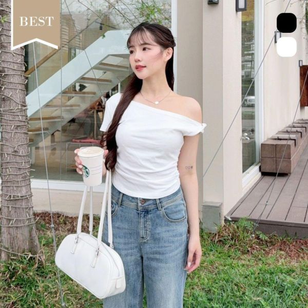 【現貨】肩畔柔風 修飾手臂斜肩扭結彈力上衣 (2colors) #ZM01 