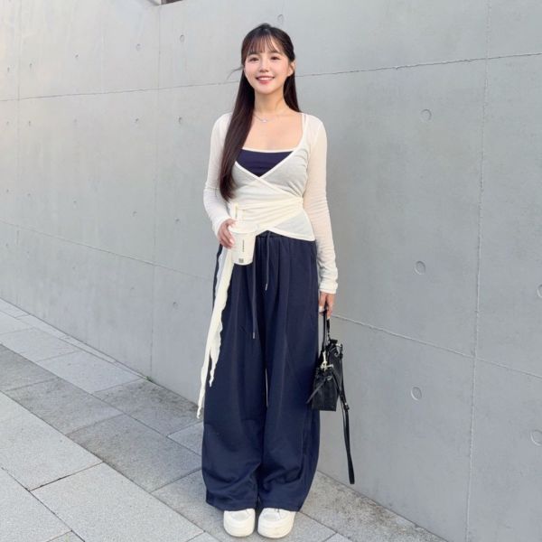 街頭散步 氣質綁帶罩衫收腰真兩件是set (2colors) #ZA10 