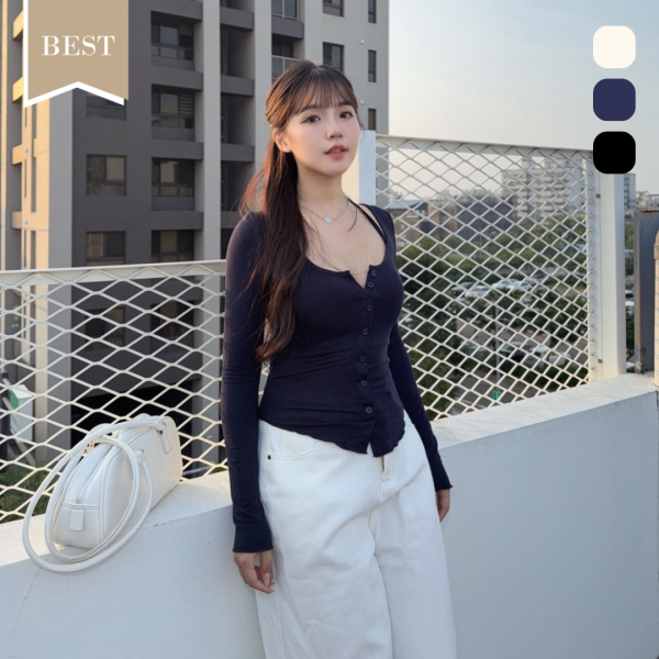 魅力吸引 心機掛脖綁帶排釦薄長袖上衣 (3colors) #ZB06 