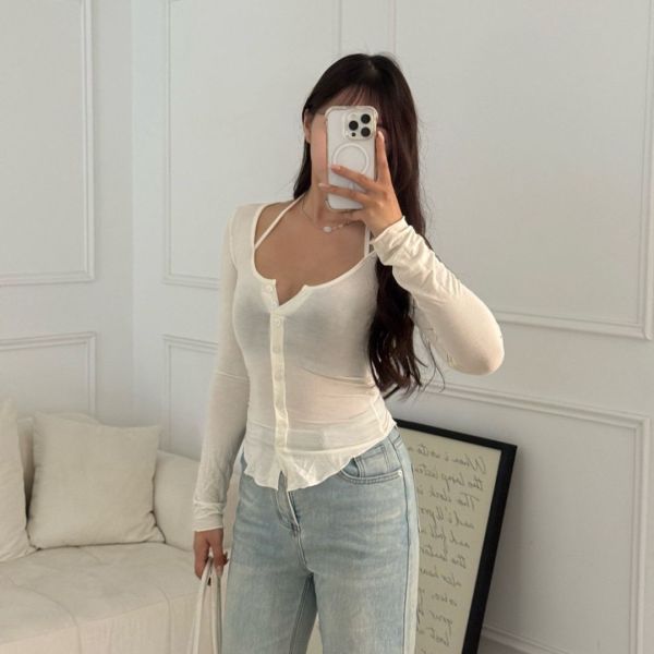 魅力吸引 心機掛脖綁帶排釦薄長袖上衣 (3colors) #ZB06 