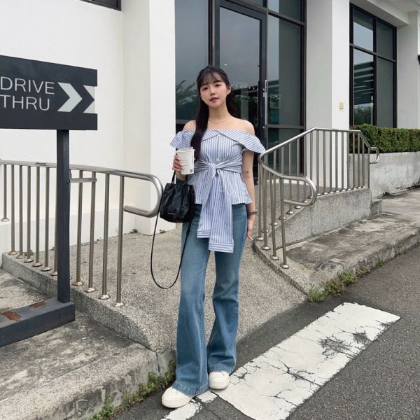 Stripe Mood 綁帶條紋一字領上衣 (1colors) #R02 