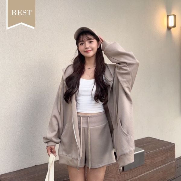 珍珠拿鐵 oversize懶人舒適連帽套裝set (1colors) #ZC07 