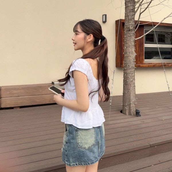 白茶甜心 法式甜美小清新泡泡袖褶皺上衣 (1colors) # ZM04 