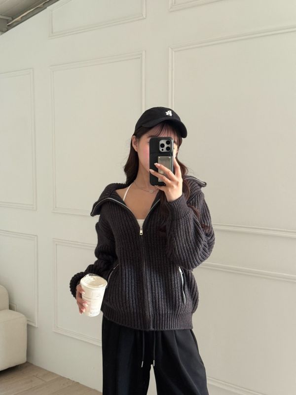 韓女輪廓 厚磅翻領拉鏈口袋毛衣 (2colors) #ZE05 