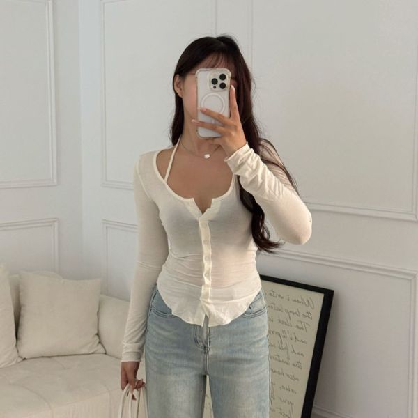 魅力吸引 心機掛脖綁帶排釦薄長袖上衣 (3colors) #ZB06 