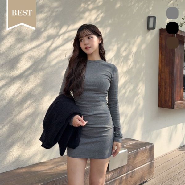 【現貨】性感曲線 腰間抓皺顯瘦長袖連身短裙 (3colors) #ZC02 