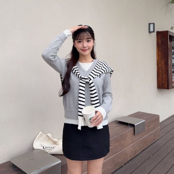首爾學報 學院風百搭假兩件針織上衣 (2colors) #ZD03 