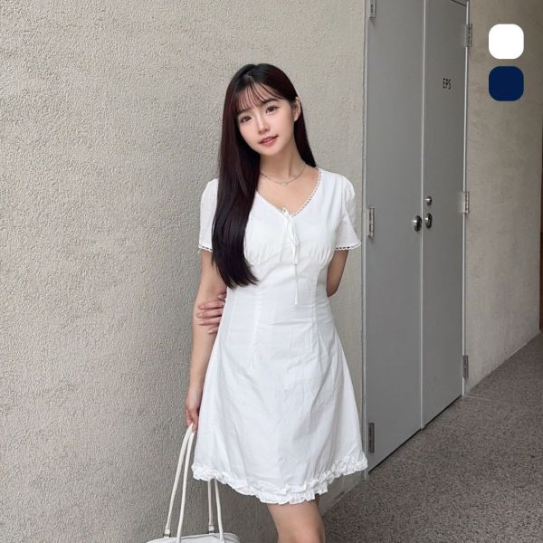 彌風夏日 蝴蝶結Ｖ領收腰連身短裙 (2colors) #Y06 