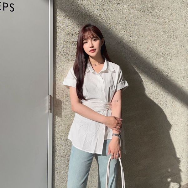 都會節奏 設計款綁帶不對稱反摺短袖襯衫 (3colors) #V05 
