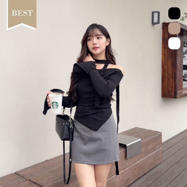 曖昧纏繞 小心機不規則繞脖一字領上衣 (3colors) #ZC06 