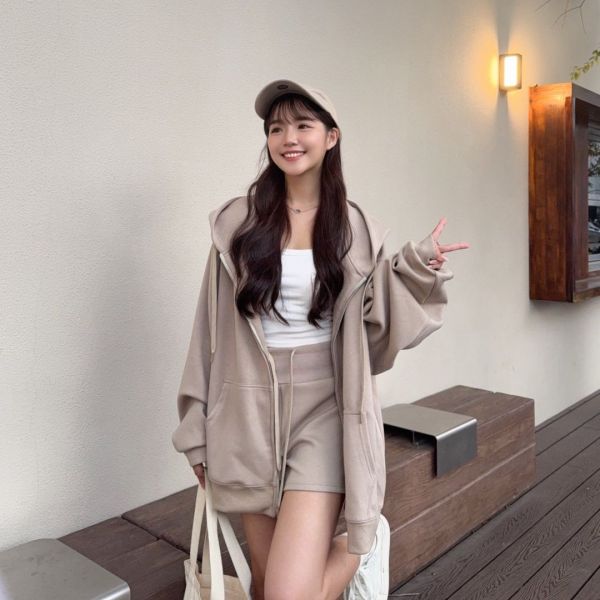 珍珠拿鐵 oversize懶人舒適連帽套裝set (1colors) #ZC07 