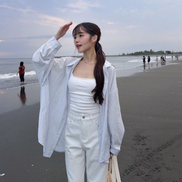 【貨在途中】半夏海鹽 輕盈透膚清爽條紋防曬襯衫 (1colors) #83006 