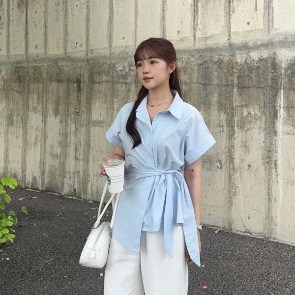 都會節奏 設計款綁帶不對稱反摺短袖襯衫 (3colors) #V05 