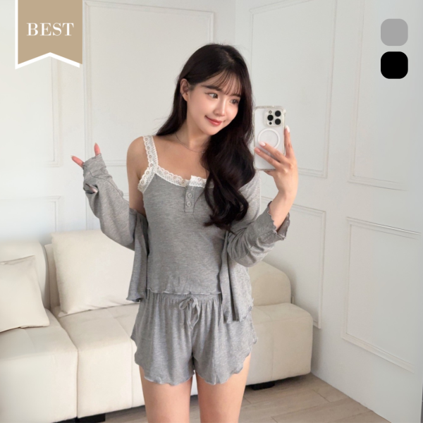 睡衣派對 可鹽可甜蕾絲滾邊帶Bra舒適睡衣Set (2colors) #Z22 
