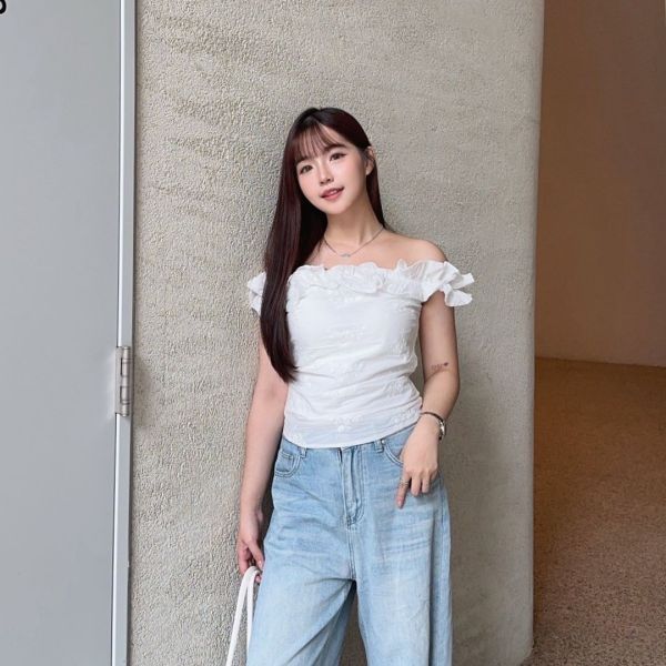 Sweet Gap 法式腰間抓皺木耳邊一字領上衣 (2colors) #Y10 