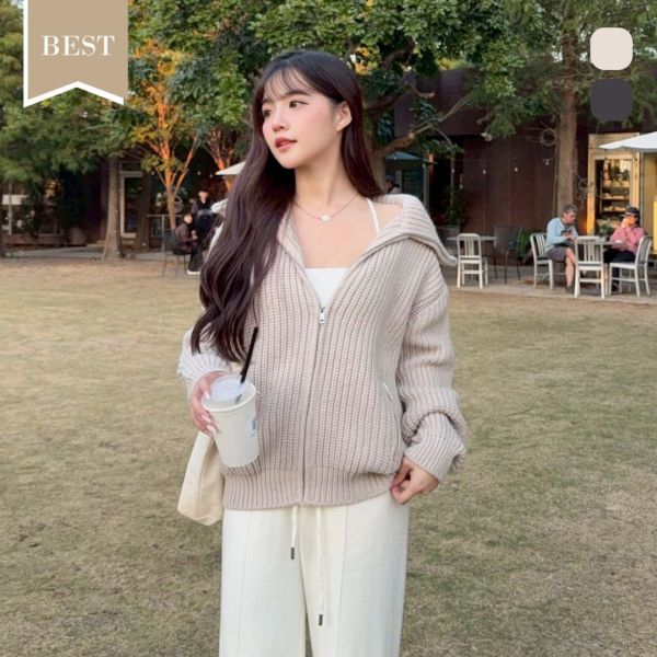 韓女輪廓 厚磅翻領拉鏈口袋毛衣 (2colors) #ZE05 