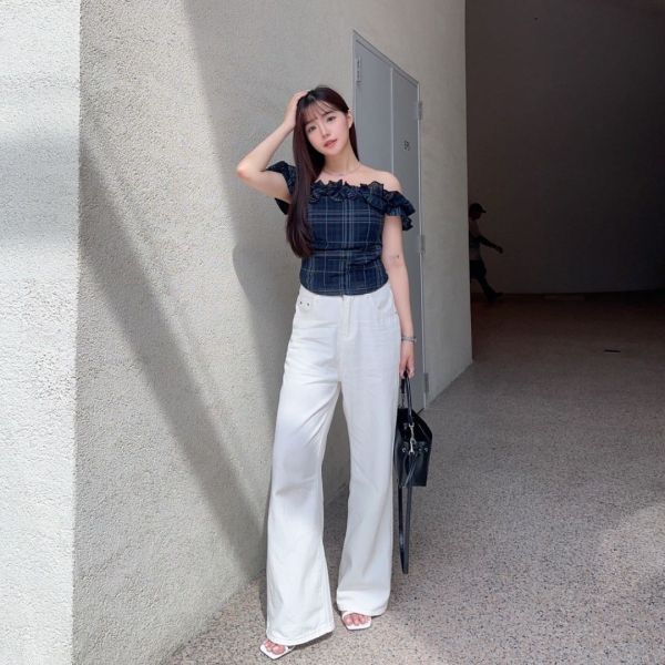 Sweet Gap 法式腰間抓皺木耳邊一字領上衣 (2colors) #Y10 