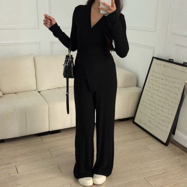 姐系日常 舒適滿分不規則V領兩件套Set (2colors) #ZB02 