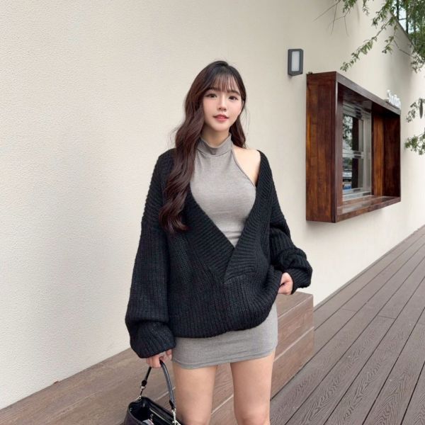 微醺夜晚 大V領落肩性感小女人毛衣套裝set (1colors) #ZC09 
