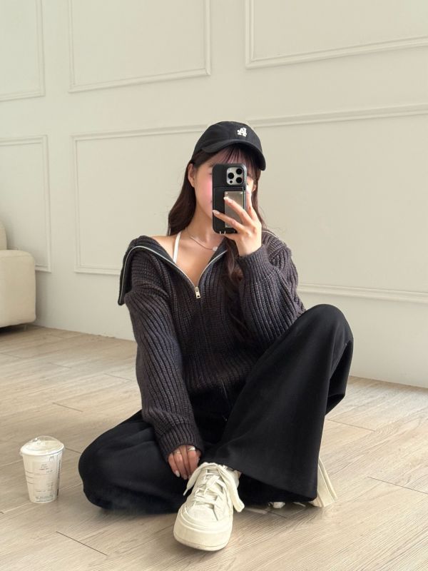 韓女輪廓 厚磅翻領拉鏈口袋毛衣 (2colors) #ZE05 