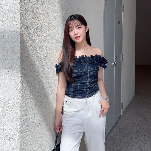 Sweet Gap 法式腰間抓皺木耳邊一字領上衣 (2colors) #Y10 