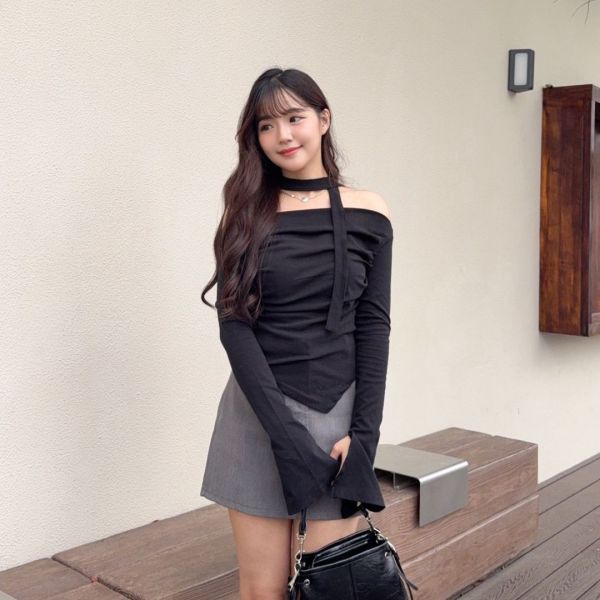 曖昧纏繞 小心機不規則繞脖一字領上衣 (3colors) #ZC06 