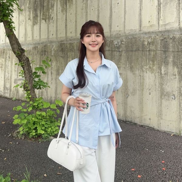 都會節奏 設計款綁帶不對稱反摺短袖襯衫 (3colors) #V05 