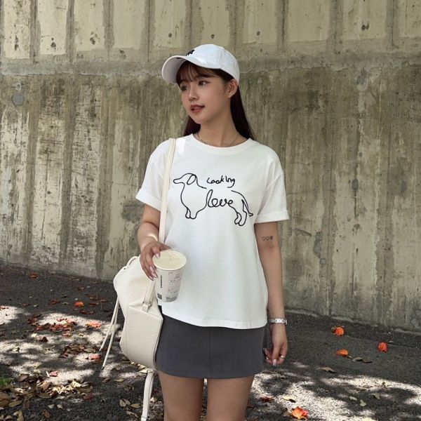 Looking Love 線條小狗刺繡棉質舒適Tee (2colors) #T07 