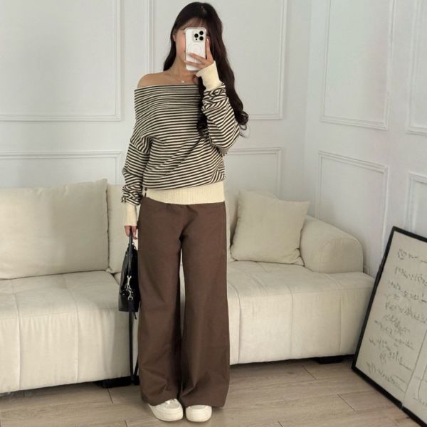 摩卡特調 慵懶感條紋一字領針織上衣 (1colors) #ZB08 