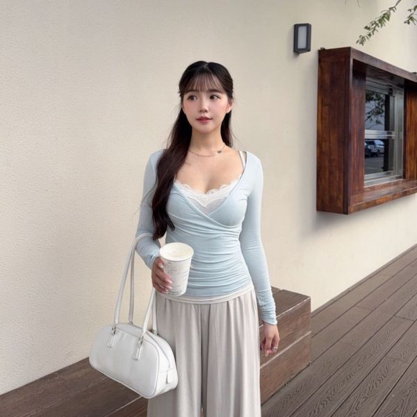 奶油蜜桃 氣質蕾絲真兩件上衣仙女set (2colors) #ZD09 