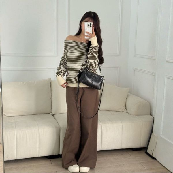 摩卡特調 慵懶感條紋一字領針織上衣 (1colors) #ZB08 