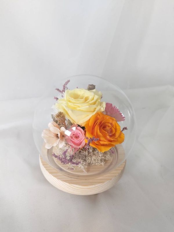 永生花玻璃盅 清新橘 永生花玻璃盅、永生花禮物、玻璃罩乾燥花、玫瑰花裝飾、情人節禮物、生日禮物推薦、紀念日禮品、浪漫擺飾、居家佈置、客製化花藝、療癒系擺飾、不凋花玻璃盅、婚禮小物、桌面花藝擺飾、永生花擺設、木質底座花藝、送禮推薦、手作花禮、玻璃罩花藝設計