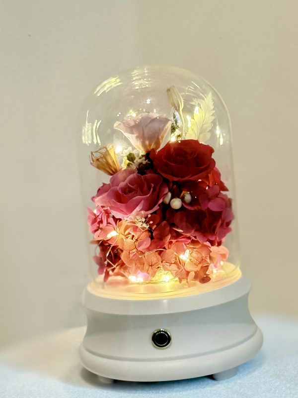 Twilight Bloom Japanese AUBE roses, hydrangeas, matching flowers, glass dome with light