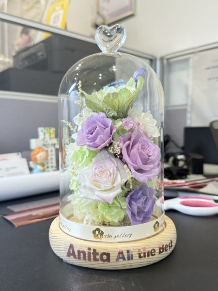 Elegance of Amethyst preserved flowers, glass dome with lights, peony