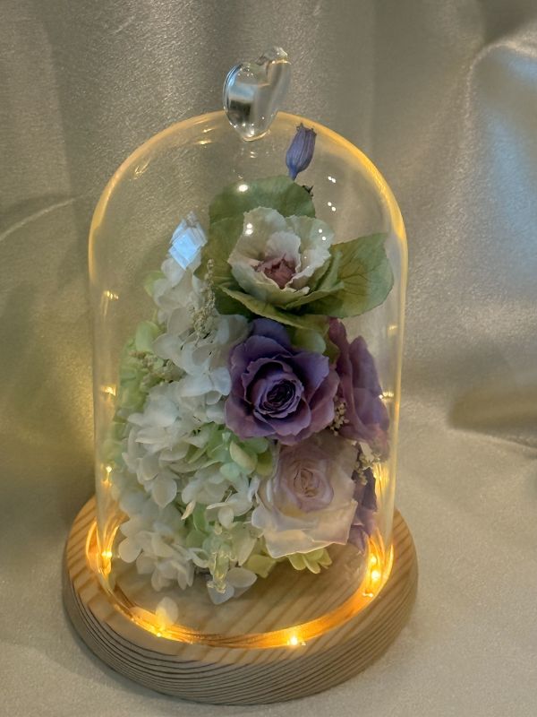 Elegance of Amethyst preserved flowers, glass dome with lights, peony