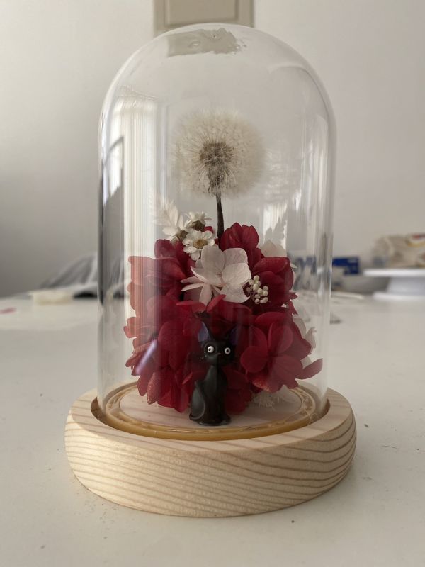 Wish Under the Moonlight dandelion, hydrangea, glass dome with light, preserved flowers, totoro