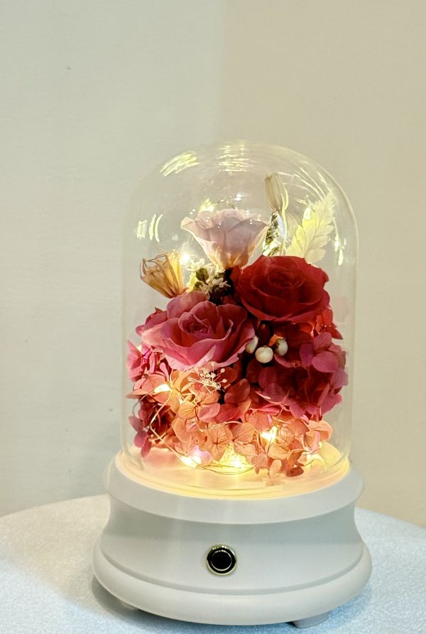 Twilight Bloom Japanese AUBE roses, hydrangeas, matching flowers, glass dome with light