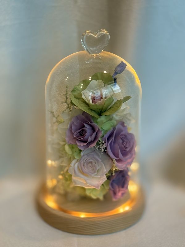 Elegance of Amethyst preserved flowers, glass dome with lights, peony