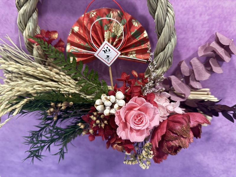 賀年花環 - 豐衣足食 日本AUBE玫瑰 、 永生花、 不凋花、賀年禮物、索拉花、稻草藤圈、扇形卡子