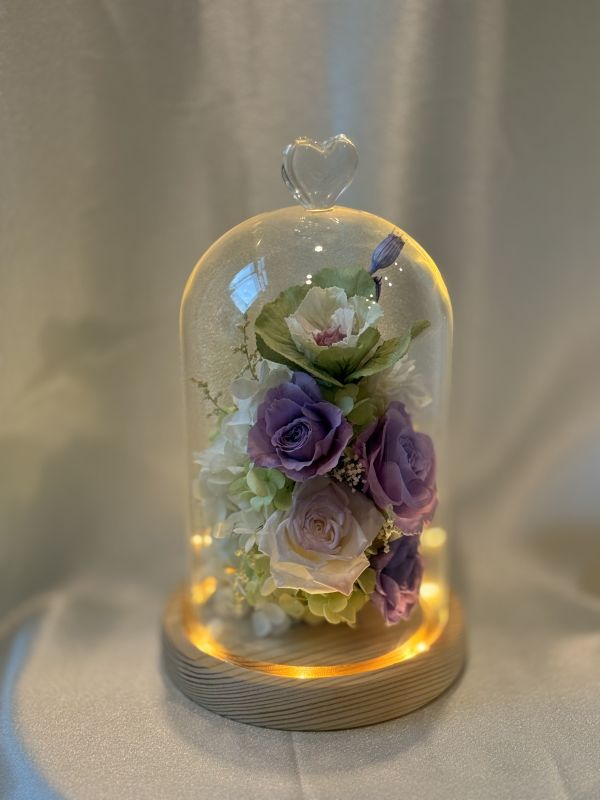 Elegance of Amethyst preserved flowers, glass dome with lights, peony