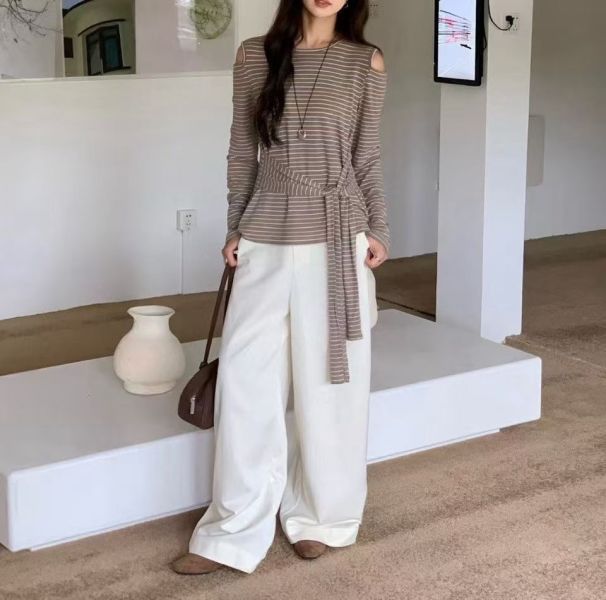 鄰家女孩條紋綁帶上衣 