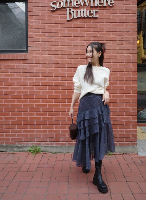 不規則格紋荷葉長裙 