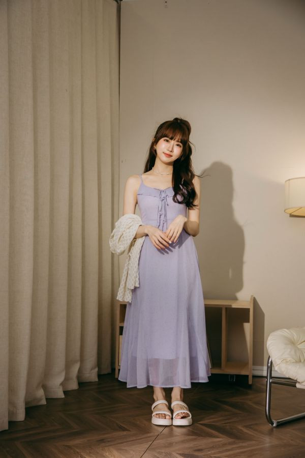 自訂款修身碎花紫仙女洋裝 