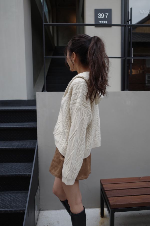 羊毛麻花針織開襟衫 