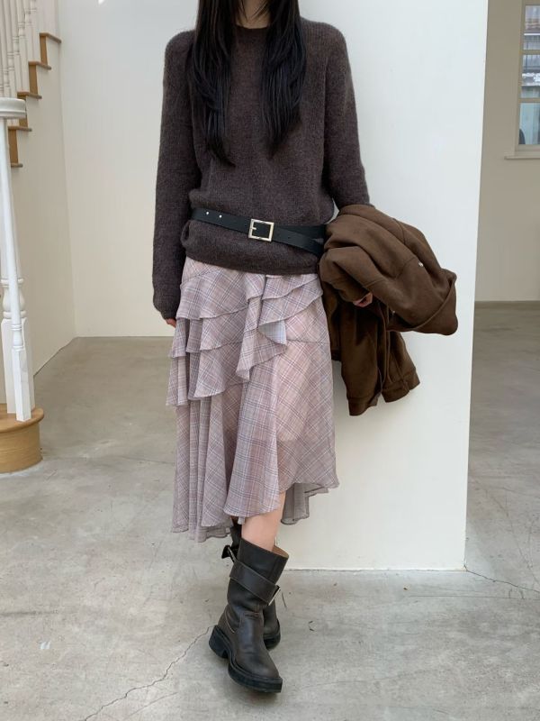 不規則格紋荷葉長裙 