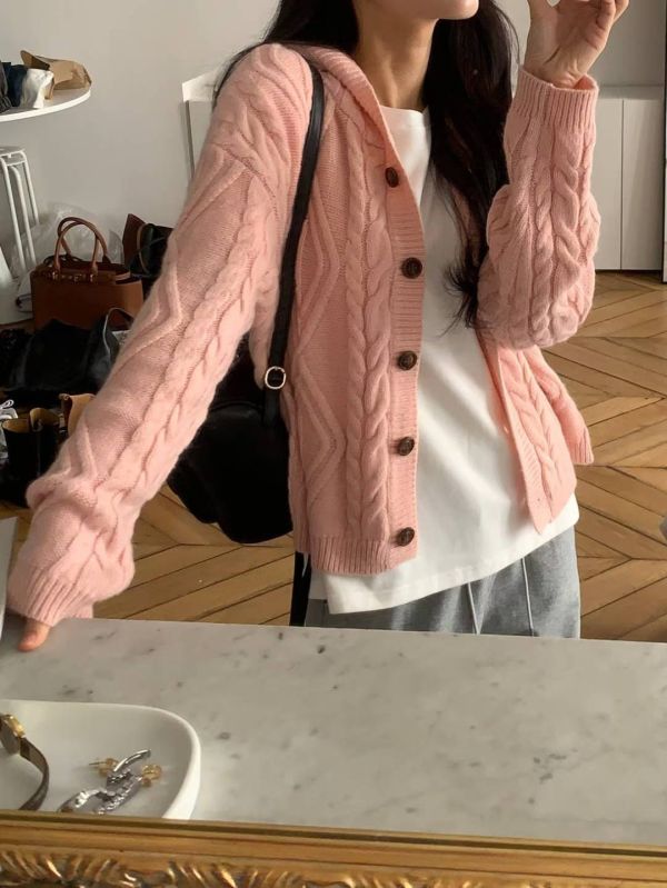 羊毛麻花針織開襟衫 