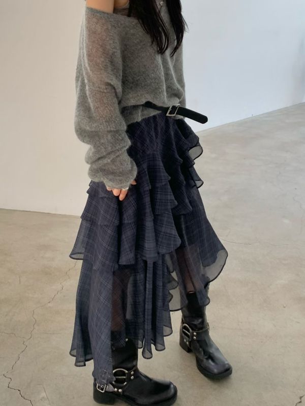 不規則格紋荷葉長裙 