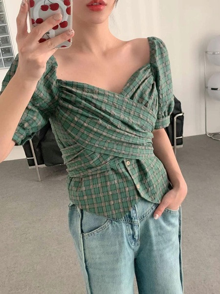 格紋綁帶上衣 