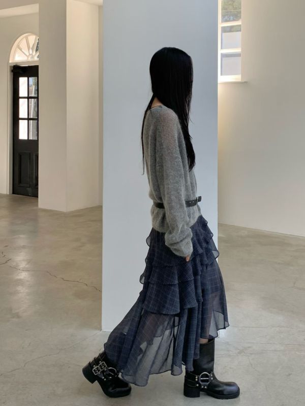 不規則格紋荷葉長裙 