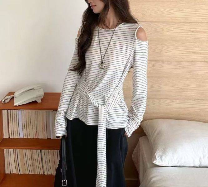 鄰家女孩條紋綁帶上衣 